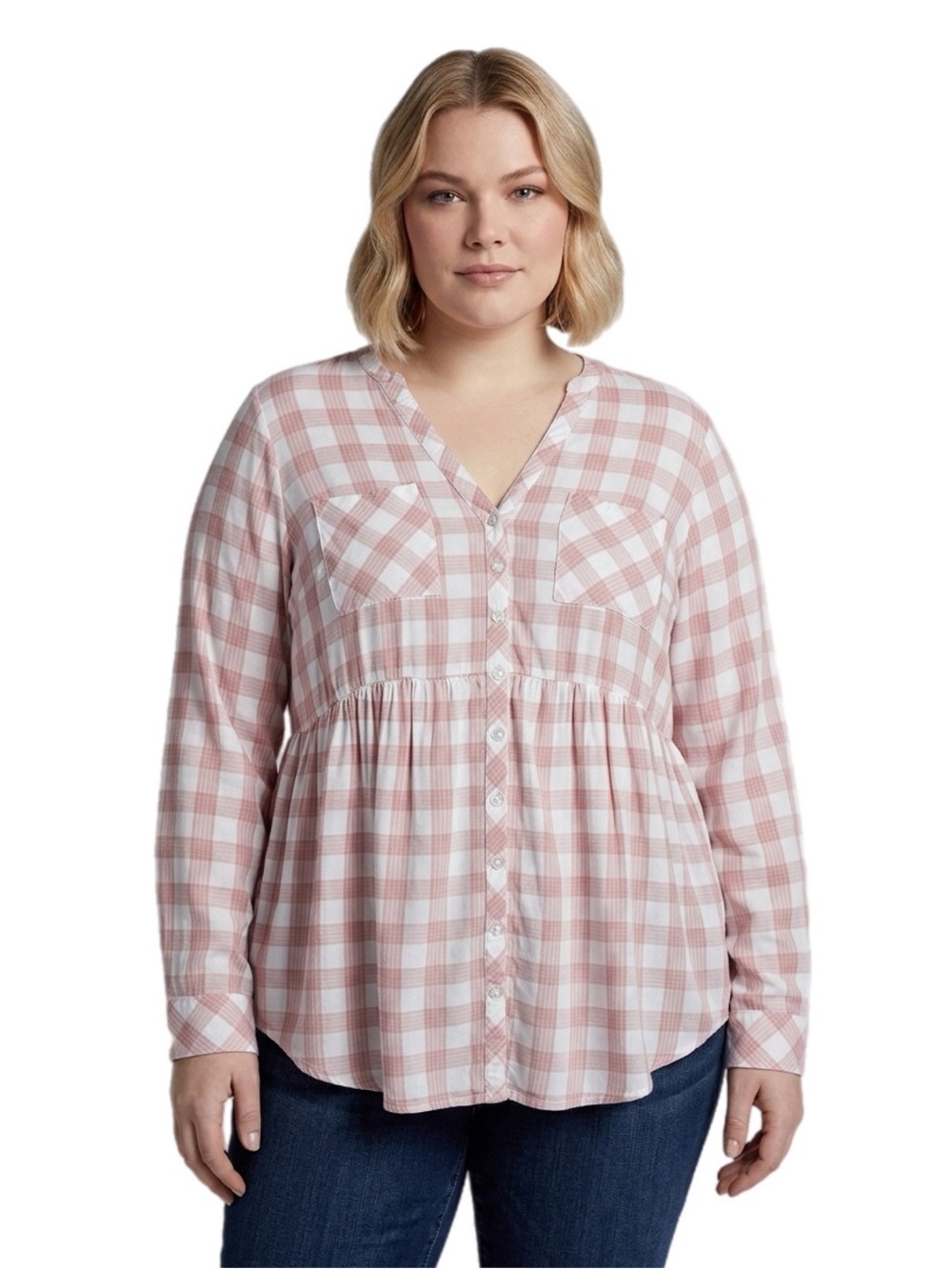Torrid Babydoll Blouse Pink White Plaid V-Neck Plus Size 1‎ Lightweight